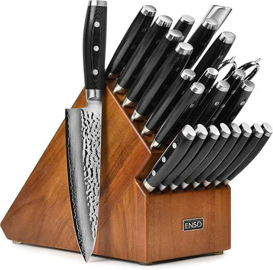 Enso Knife Set - Made in Japan - HD Series - VG10 Hammered Damascus Japanese Stainless Steel with Acacia Knife Block - 25 Piece