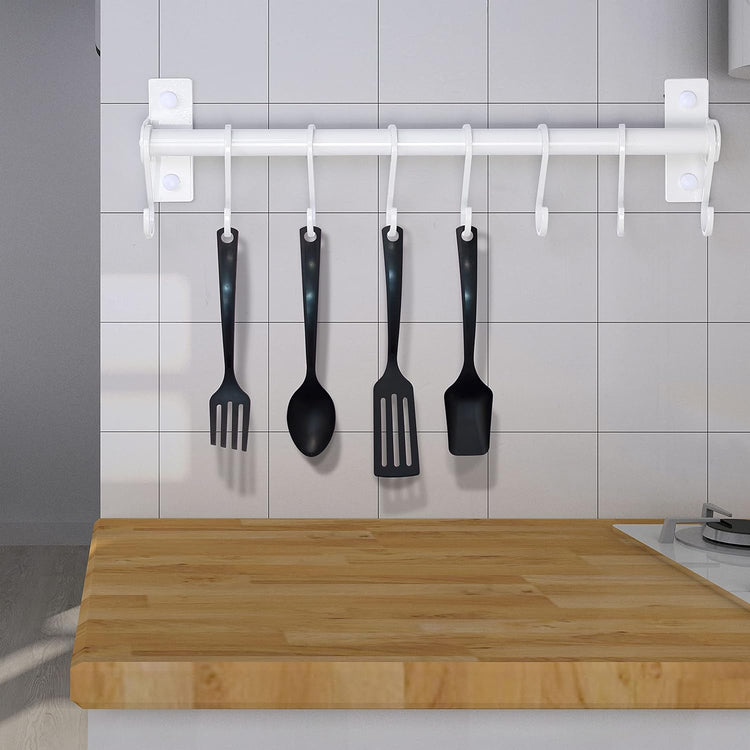 Dseap Kitchen Utensil Holder Hanger, Pot and Pan Rack Wall Mounted, Kitchen Rail with 8 Hooks for Hanging Cooking Utensils, Mugs, Spoons, Wall Mounted, White