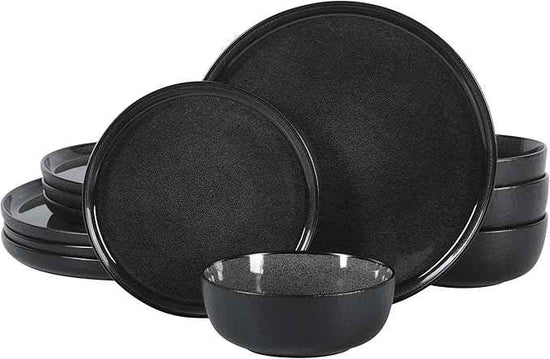 Gibson Elite Tahoe Sunset 12 Piece Stoneware Reactive Glaze (Service for 4) Ceramic Plates and Bowls Dinnerware Set - Black
