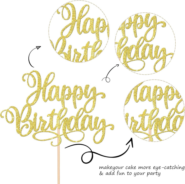 1 PCS Happy Birthday Cake Topper Glitter Happy Birthday Cake Pick Bunting Decor for Anniversary Celebrating Happy Birthday Party Cake Decorations Supplies Gold