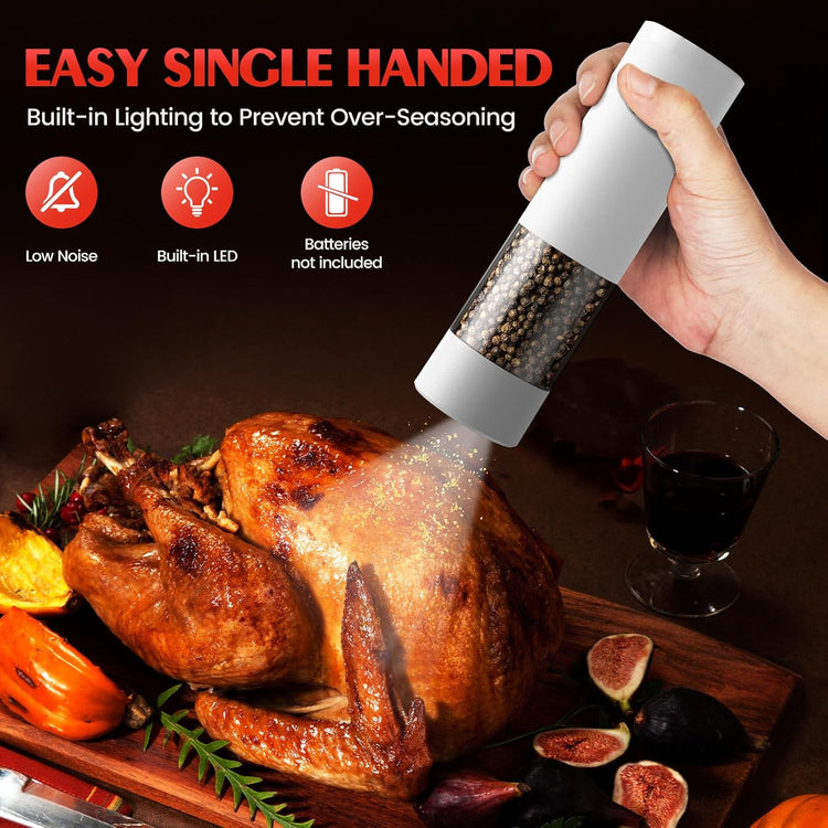 Electric Salt and Pepper Grinder Set Automatic Battery Pepper Mill Shakers Adjustable Coarseness Easy Filling Upgraded Larger Capacity with Led (2 Pack White/White）