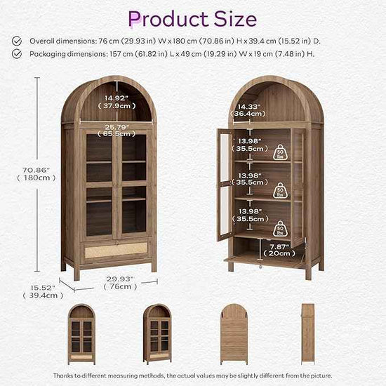 TYBOATLE 71" Tall Arched Pantry Cabinet with Innovative Drawer, Kitchen Cabinet with Anti-Tipping Device and Glass Door, Versatile Cupboard for Kitchen, Dining, Natrual