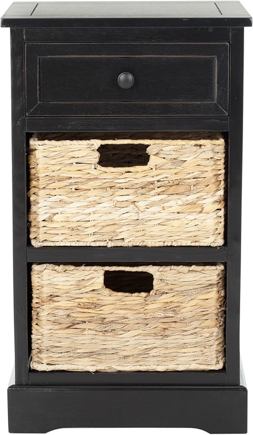SAFAVIEH Home Collection Carrie Distressed Black/ Natural Wicker 3-Drawer Storage Nightstand Side Table (Fully Assembled)