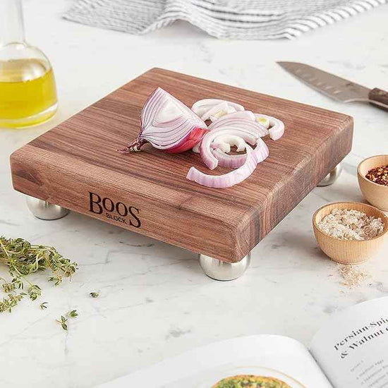 John Boos B Series Square Wooden Walnut Cutting Board 12”x12” – 1.5” Thick, 5-lb Non-Reversible Butcher Block with Stainless Steel Bun Feet & Edge-Grain