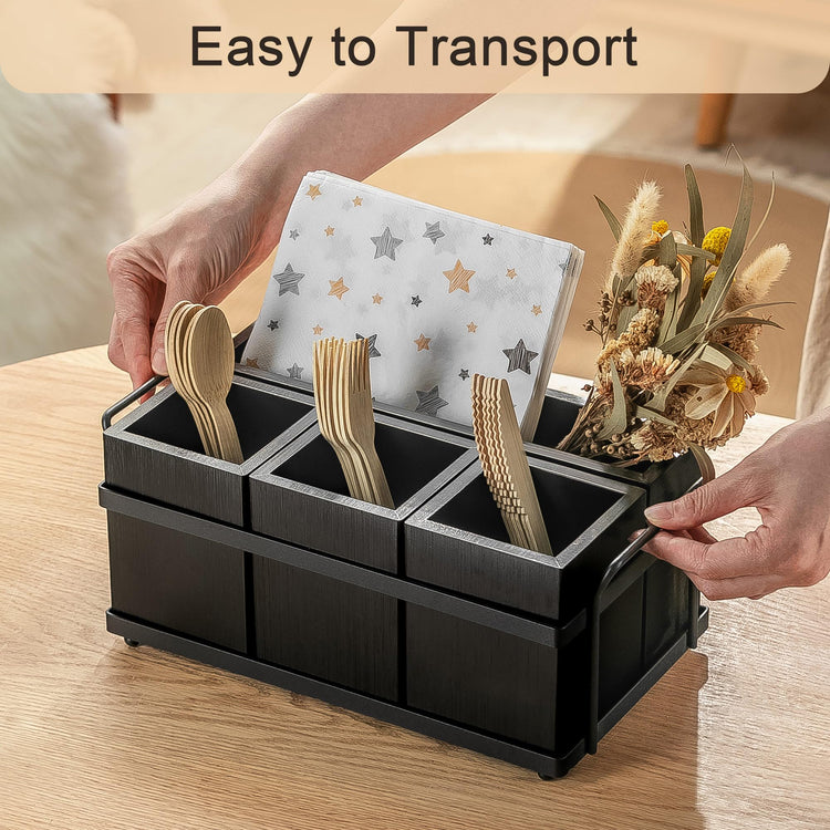 Silverware Caddy Black Wood Utensil Holder Paper Plate Dispenser