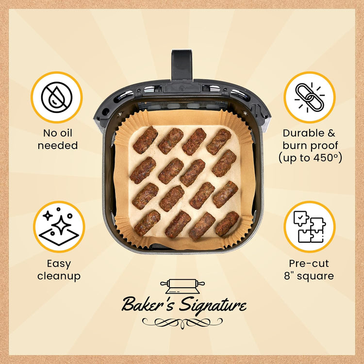 250 pcs Air Fryer Liners, Disposable Airfryer Paper Liners – Non-Stick and Oil Proof for Easy Cleanup, Great for Oven, Pans & Baking – 8” Square for 5-8 qt Basket by Baker's Signature