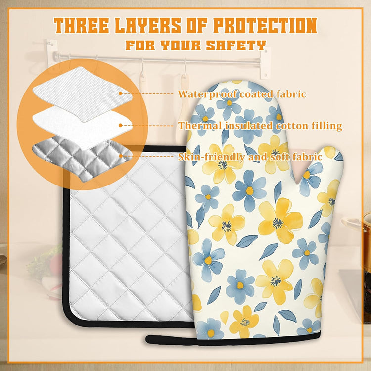 Cute Floral Oven Mitts and Pot Holders,Yellow Blue Flower Heat Resistant Oven Mitts Gloves and Pot Holder for Home Kitchen Decorations Cooking Baking BBQ Gifts,Set of 4