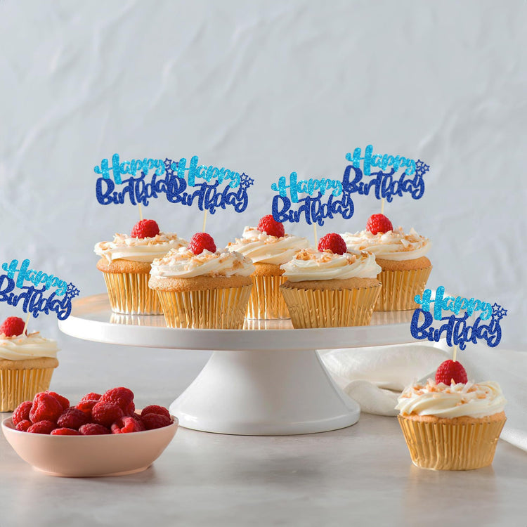 24Pcs Happy Birthday Cupcake Toppers Double Layer Glitter Happy Birthday Cake Decorations for Baby Shower Theme Kids Boys Girls Birthday Anniversary Party Decorations Supplies Blue (24 Count)