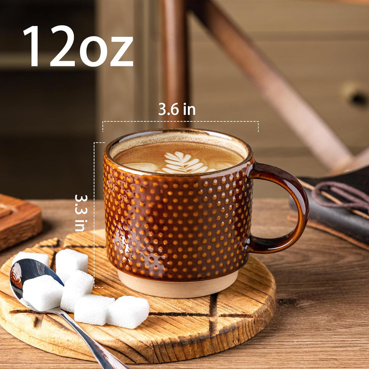 GBHOME 12 OZ Stackable Coffee Mugs, Ceramic Coffee Cups with Texture Patterns for Man,Woman,Dad,Mom, Modern Coffee Mugs Set of 4 for Latte/Cappuccino/Cocoa. Dishwasher&Microwave Safe