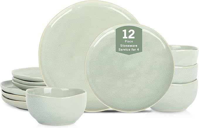 Stone Lain Mirella 12-Piece Stoneware Dinnerware Set for 4 – Reactive Glaze Light Green – Includes Dinner Plates, Salad Plates & Deep Bowls – Organic Modern Design, Microwave & Dishwasher Safe