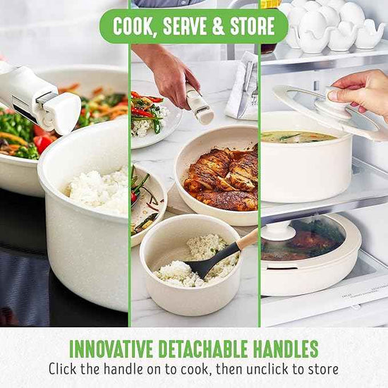 GreenLife 10 Piece Nonstick Pots & Pans Set, Detachable Handle & Stackable Cookware Set, Non Toxic PFAS-Free Skillets, Induction Kitchen Pans, Space Saving, Serving Bowls, Oven Safe, Speckled Cream