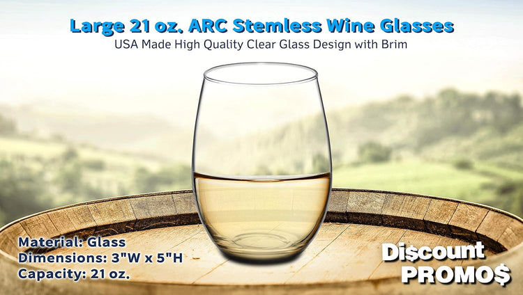 DISCOUNT PROMOS 10 ARC Stemless Wine Glasses Set, 21 oz. - Chardonnay, Cabernet, Merlot, Sauvignon - Clear