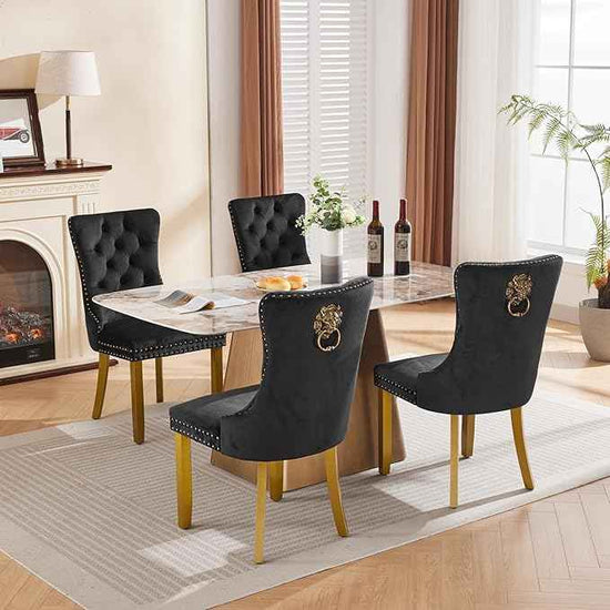 Velvet Dining Chairs Set of 4, Modern Tufted Dining Room Chair, Upholstered Dining Chairs with Lion Head Pulls Ring and Golden Solid Wood Legs, Luxury Kitchen Chairs for Dining Room, Black