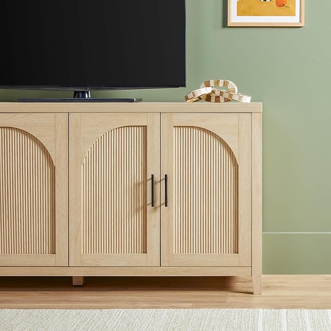 Walker Edison Sasha 4-Door Reeded Sideboard Buffet with Cord Management, 60 Inch, Coastal Oak