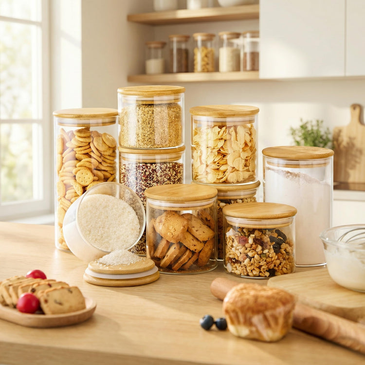 32 oz & 21 oz Round Glass Food Storage Containers with Bamboo Lids (4 Count)