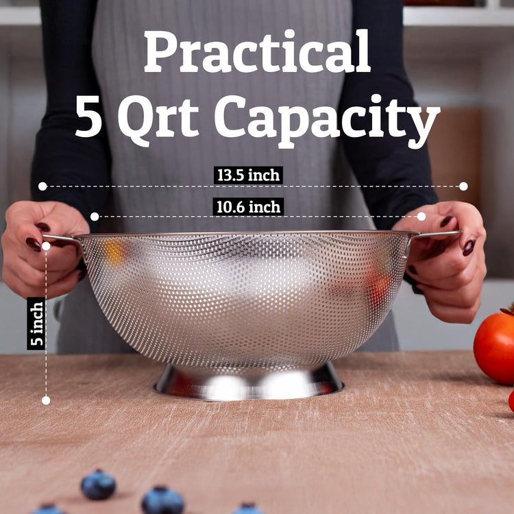 PriorityChef Premium 5Qrt Stainless Steel Colander for Kitchen