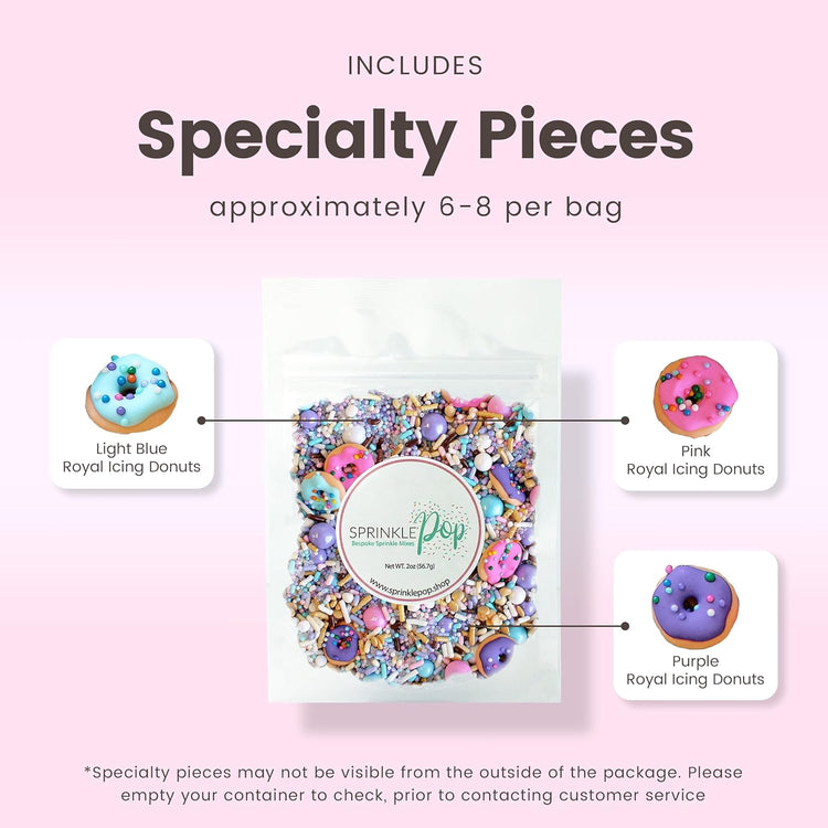 Sprinkle Pop Donut Sprinkle Mix| Lavender White Gold Pink Blue Sprinkle Mix with ~6 Sprinkled Donuts Royal Icings| Birthday Decorating Sprinkles Made in USA for Cupcakes Cakes Cookies Donuts, 2oz