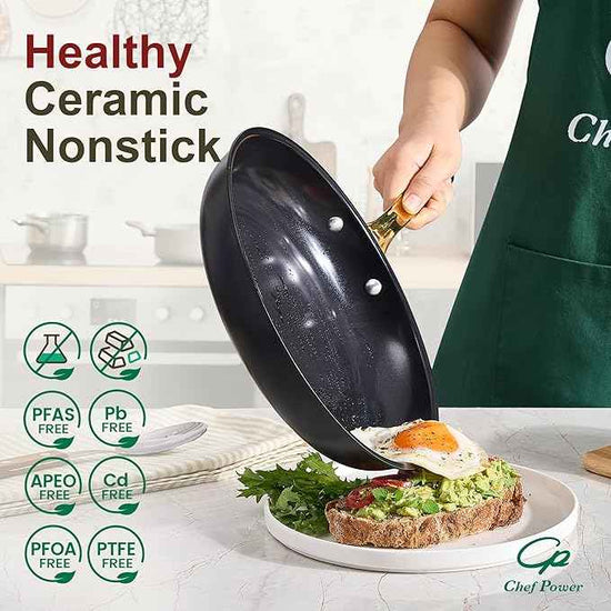Chef Power Ceramic Cookware Sets, 15Pcs Pots and Pans Set Non Stick, Cookware Set with Stainless Steel Handle, Dishwasher & Oven Safe, Stone Black and Light Gold Handle