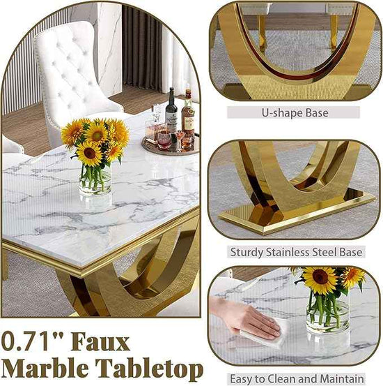 Marble Dining Table Set for 6,70" Black Faux Marble Kitchen Tables and Velvet Chairs for 6,7 Piece Luxury Dining Room Table Set and 6 Upholstered Chairs with Gold Stainless Steel Bases