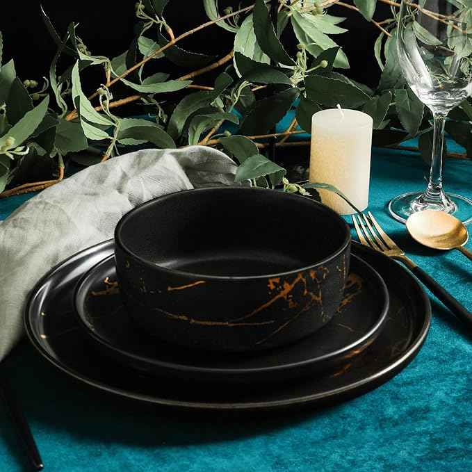 Stone Lain Porcelain 16 Piece Dinnerware set, 4 Full Black Gold Splash Sets