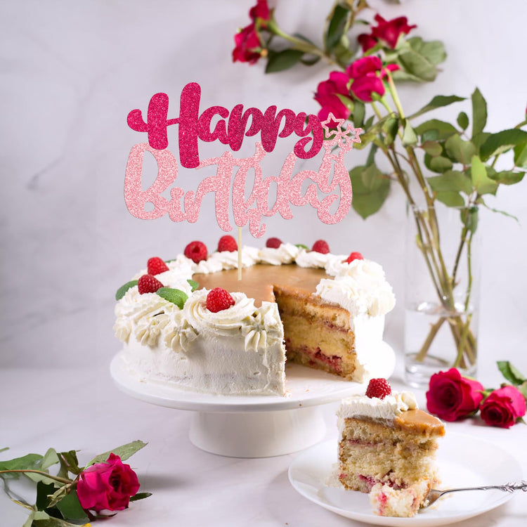 1Pcs Glitter Happy Birthday Cake Topper for Celebrating Anniversary Theme Party Cake Decorations Supplies Rose Red Pink