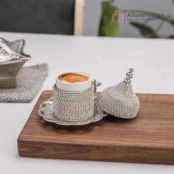 Alisveristime Crystal Embellished Turkish Coffee Set – 27 Pieces – Decorative Zamac Espresso Cups, Saucers and Sugar Bowl with Tray – Available in Three Color Variations (Silver)