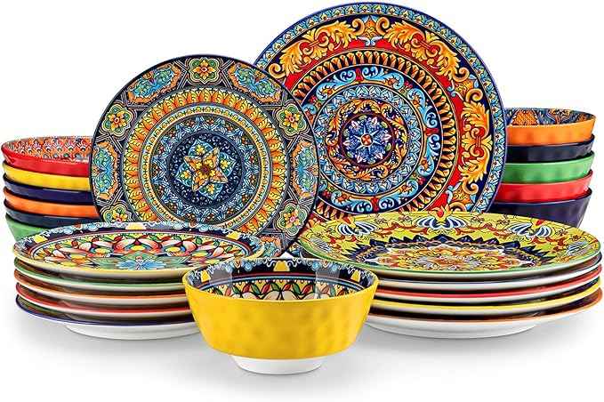 vancasso 24 Pieces Plates and Bowls Set, Bohemian Style Dinnerware Sets Service for 6, Porcelain Boho Dishes Set for Kitchen, Housewaring Gift, Dishwasher and Microwave Safe, Series KRVI