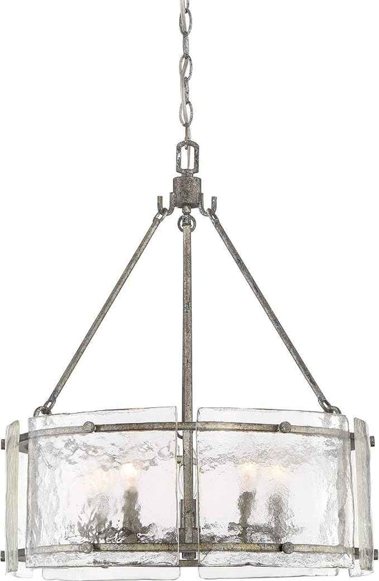 Quoizel Fortress Pendant Lighting, 21 Inch 5-Light Mottled Silver Drum Light, Max Adjustable Height 77", Textured Glass Pendant Light for Kitchen Island, Dining, Hallway or Bedroom