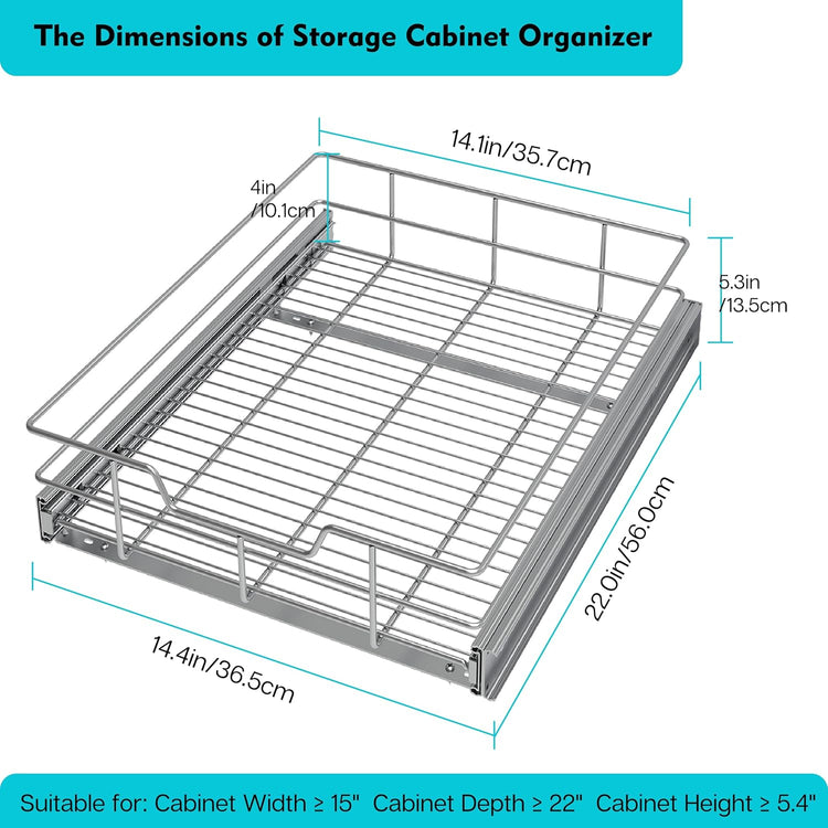 Pull Out Cabinet Organizer 14" W X 22" D, Slide Out Drawers For Kitchen Organizers and Storage, Pull Out Drawers For Cabinets Capacity Heavy Duty Caddy, Cabinet Shelves Chrome-Plated, Bathroom Pantry