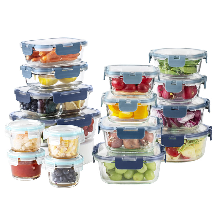 Premium 32 Pc. Borosilicate Glass Food Container Set with Dividers