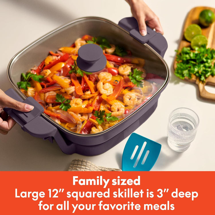 bella Make & Take Electric Skillet, Fits-anywhere™ kitchenware, EverGood™ Ceramic Coating, Adjustable Temperature & Dishwasher-Safe Tempered Glass Lid, Cast Aluminum Base, 1200 Watt, Plum