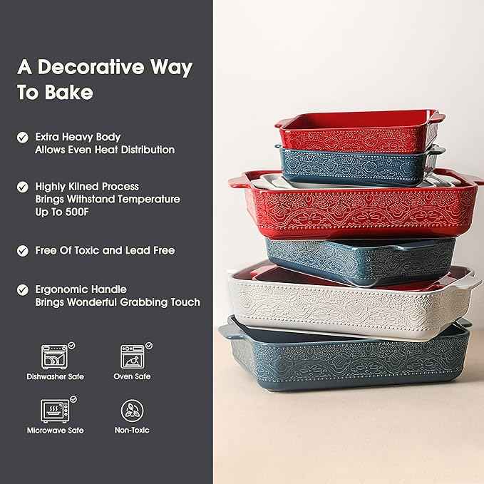 Ceramic Baking Dish Set of 3, Casserole Dishes for Oven, Ideal for Baking, Stewing, Roasting, and Holiday Feasts. The Gift for Mother's Day, Thanksgiving, Christmas, or Housewarming(Christmas Red）