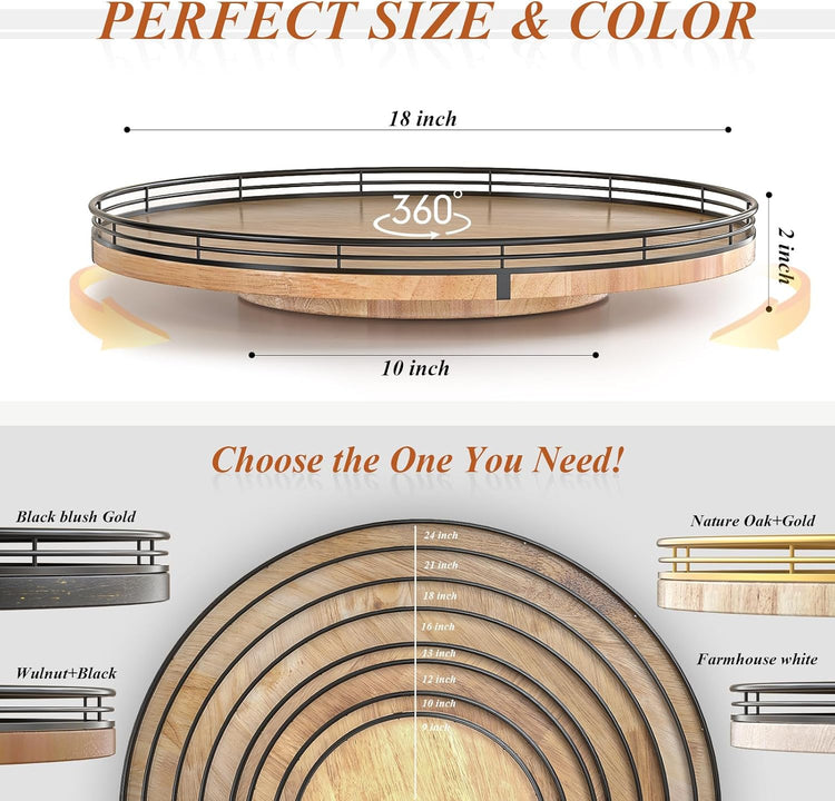 18" Lazy Susan Oak Wood Turntable Organizer for Cabinet, Farmhouse Round Wooden Large Lazy Susan Organization and Storage for Dining Table, Pantry, Kitchen, Countertop, Cupboard, Home Decor