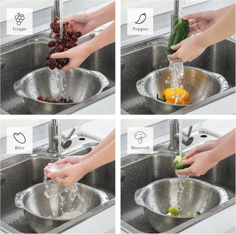 18/8 Stainless Steel Microwell Colander, 2.5QT Large Capacity with Handle Kitchen Food Strainer Basket for Washing Vegetables, Fruits, Rice, and Pasta (primary colour, 2.5QT)