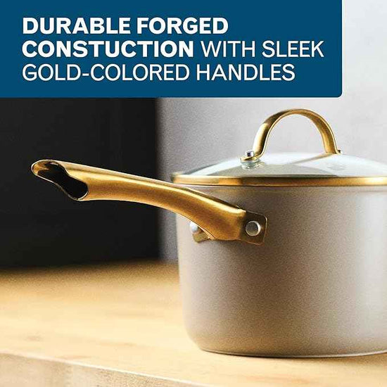 Farberware Forged Induction Ceramic Nonstick Pots and Pans Set with Cooking Tools, Dishwasher Safe, Gold Color Stainless Steel Handles, 12 Piece Cookware Set - Taupe