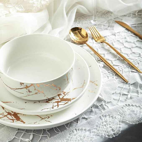 Stone Lain Porcelain 16 Piece Dinnerware set, 4 Full White Gold Splash Sets