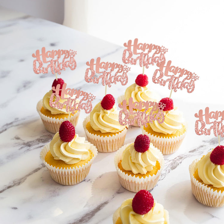 24Pcs Rose Gold Happy Birthday Cupcake Toppers for Baby Shower (24 Count)
