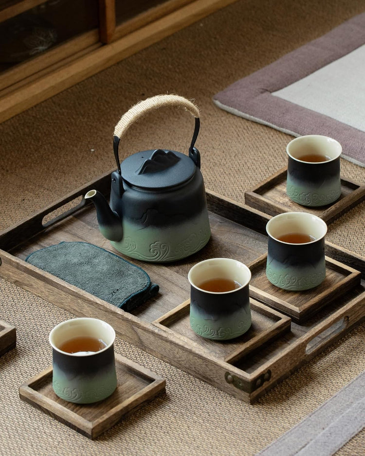 ZENS Vintage Japanese Tea Set with 4 Tea Cups, 33.8 oz Embossed Ceramic Loose Leaf Teapot with Built-in Strainers for Tea Steeper, Hemp Rope Handle Gradient Japanese Tea Pot for Tea Lovers Gifts