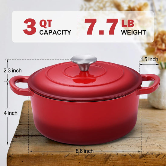 Small 3 Quart Dutch Oven, HaSteeL Round Cast Iron Cooking Pot with Lid, Nonstick Enameled Cookware for Sourdough Bread Baking Roasting Stewing Braising Frying, Heavy Duty & Oven Safe 500℉, Red - Nestoria