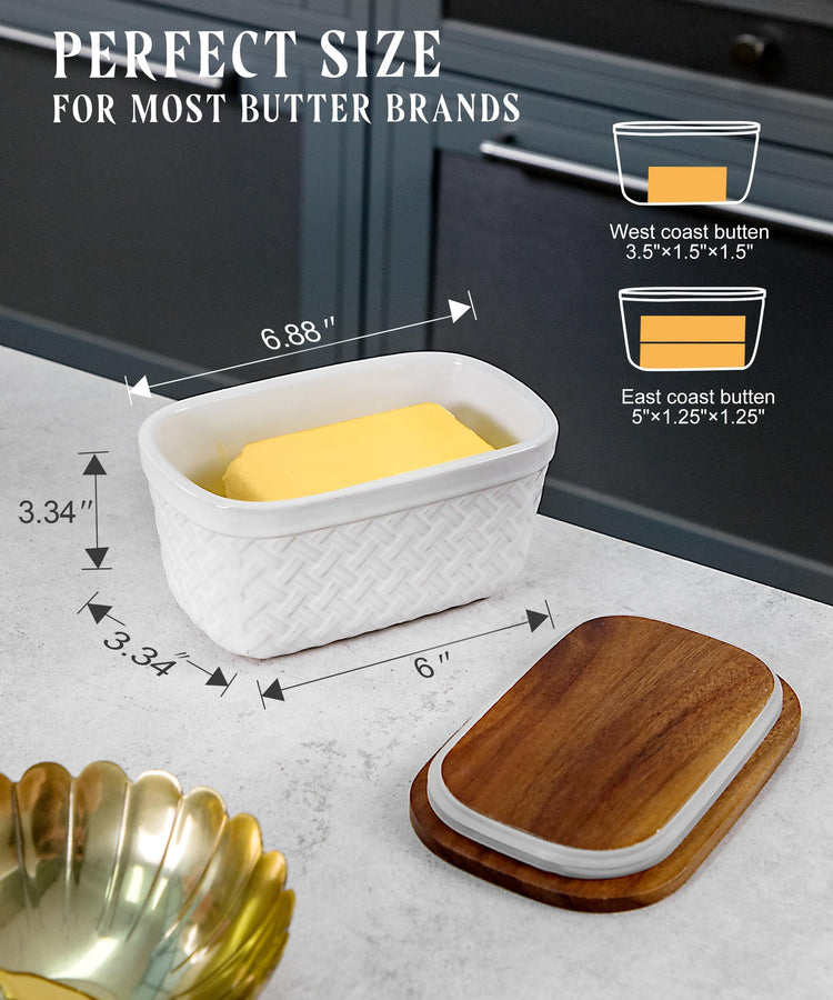 Ceramic Butter Dish Embossed Butter Keeper with Wood Lid for Countertop