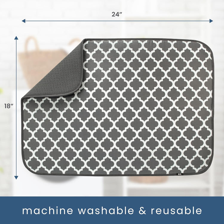 S&T INC. Dish Drying Mat XL, 18” x 24”, Absorbent Microfiber Kitchen Counter Mat, Dish Drying Pad for Dishes, Utensils, Pots and Pans, Extra Large, Pewter Grey Trellis