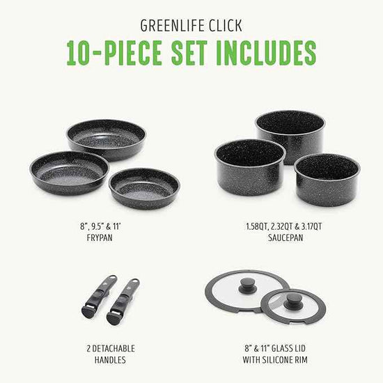 GreenLife 10 Piece Nonstick Pots & Pans Set, Detachable Handle & Stackable Cookware Set, Non Toxic PFAS-Free Skillets, Induction Kitchen Pans, Space Saving, Serving Bowls, Oven Safe, Granite Black
