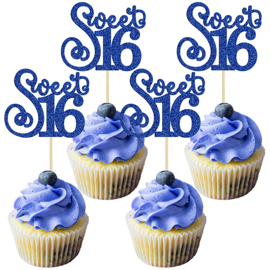 24 Pack 16th Birthday Cupcake Toppers Glitter Sixteen Happy Sweet 16 Cupcake Picks Cheers to 16 Years Old Cupcake Decorations for 16th Birthday Anniversary Party Cake Decorations Supplies Blue (24 Count)