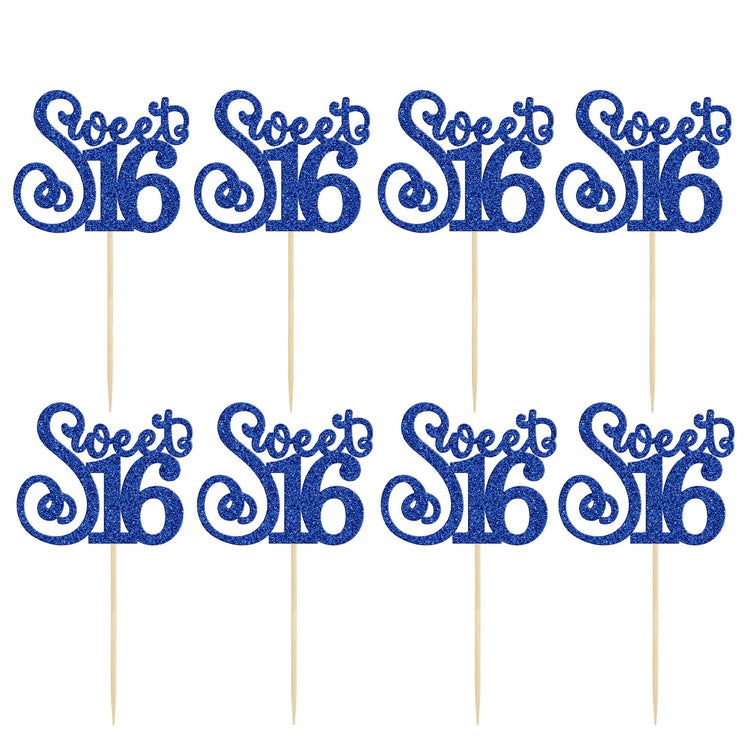24 Pack 16th Birthday Cupcake Toppers Glitter Sixteen Happy Sweet 16 Cupcake Picks Cheers to 16 Years Old Cupcake Decorations for 16th Birthday Anniversary Party Cake Decorations Supplies Blue (24 Count)