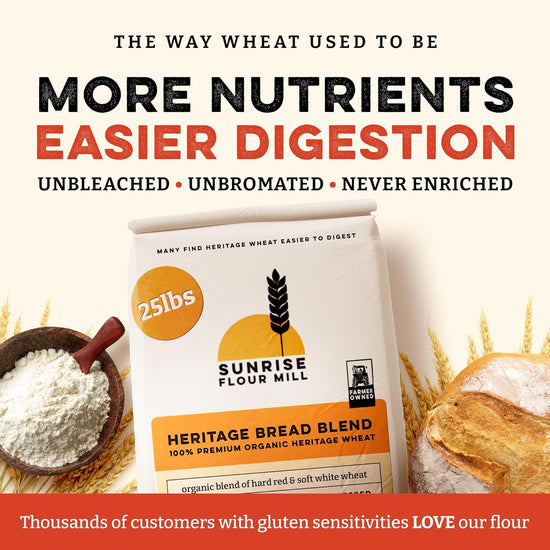 Sunrise Flour Mill Heritage Organic Bread Flour Blend - 25 lbs | Organic Unbleached Bread Flour Easy to Digest with Less Bloating | High Protein, Superior Baking | Smooth, Nutty Flavor - Nestoria