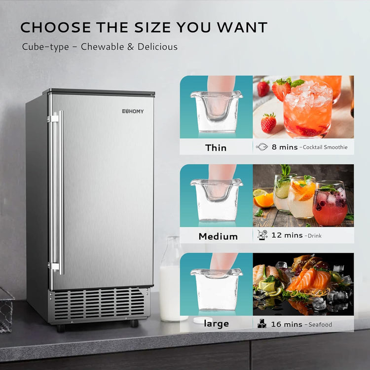 EUHOMY 15" W Commercial Under Counter Ice Maker Machine, 90 Lb/Day Auto-Cleaning & 24H Timer, Gravity Drainage,Stainless Steel Built-in Freestanding Ice Maker, 24 Lb Bin, Ideal for Commercial & Home