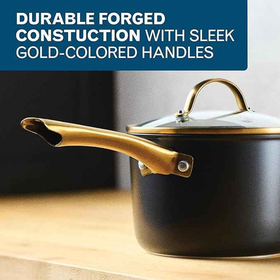 Farberware Forged Induction Ceramic Nonstick Pots and Pans Set with Lids and Kitchen Cooking Tools - Dishwasher Safe, Suitable for All Stovetops, 12 Piece Cookware Set - Black and Gold