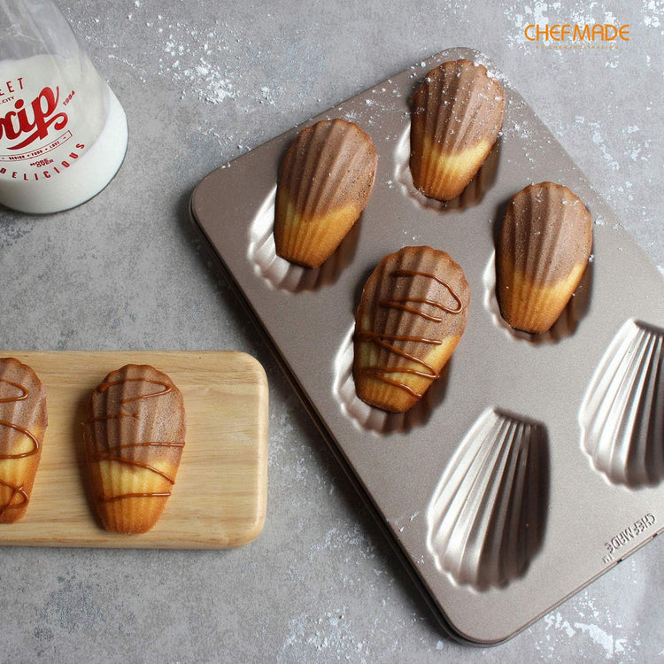 CHEFMADE Madeleine Mold Cake Pan, 6-Cavity Non-Stick Oval Shell Madeline Bakeware for Oven Baking (Champagne Gold)