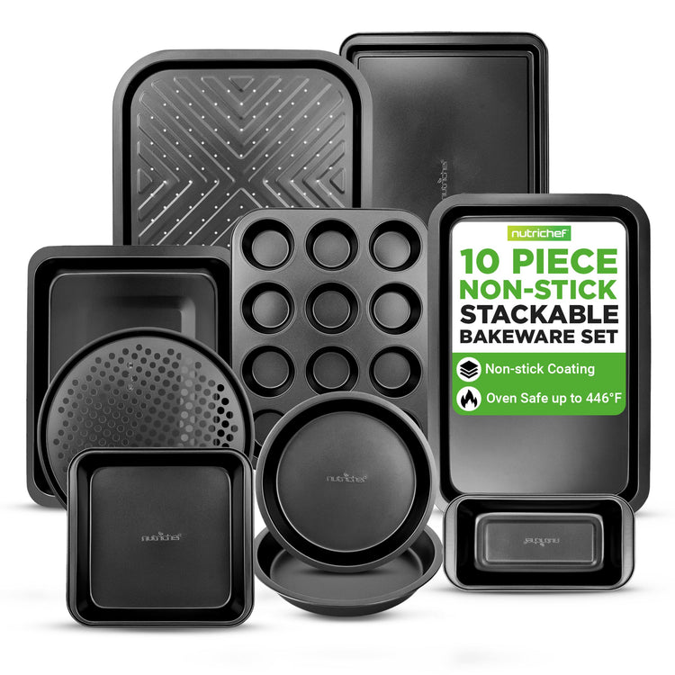 10-Piece Non-Stick Baking Set – Heavy-Duty Carbon Steel Bakeware Set w/ Cookie Sheets, Muffin Pan, Roasting Pan, Cake Pan, Baking Tray, Pizza Pan – Effortless Food Release & Easy Cleanup