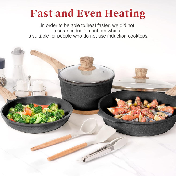 Caannasweis Granite Pots and Pans, Nonstick Cookware Set (Classic Black, 20 Piece Grill Griddle Set)